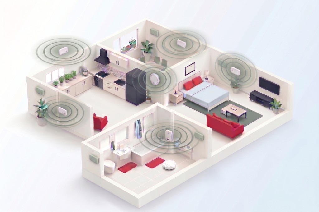 Isometric smart home cutaway: wall sensors with overlapping signal rings for connected environmental monitoring in each room